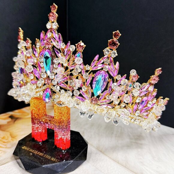 Lavender Tiara, Victorian tiara, Purple Crystal crown, Princess Gold Tiara - Picture 3 of 11